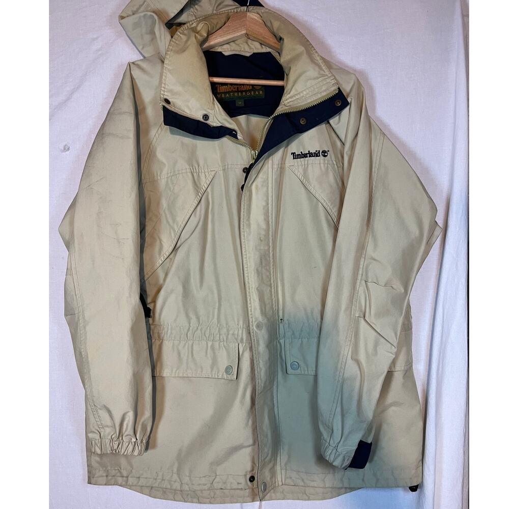 Vintage 90s Timberland Weathergear Mens Tan Nylon Rain Coat Jacket M